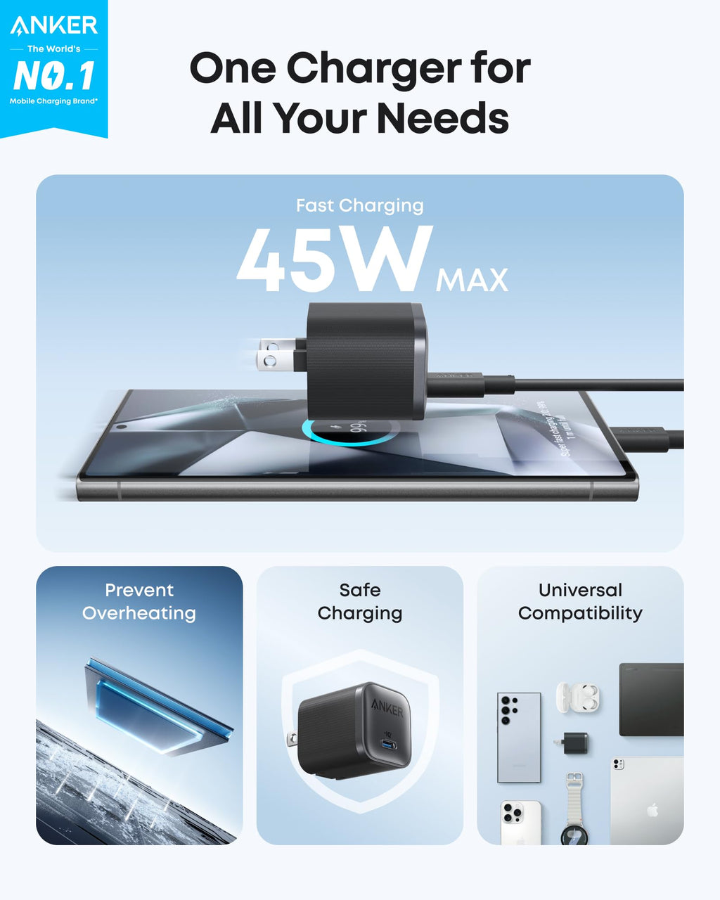 Anker Nano Travel Adapter (5-in-1, 20W, 1-Pack) and Anker Nano Charger (45W) with USB-C to USB-C Cable